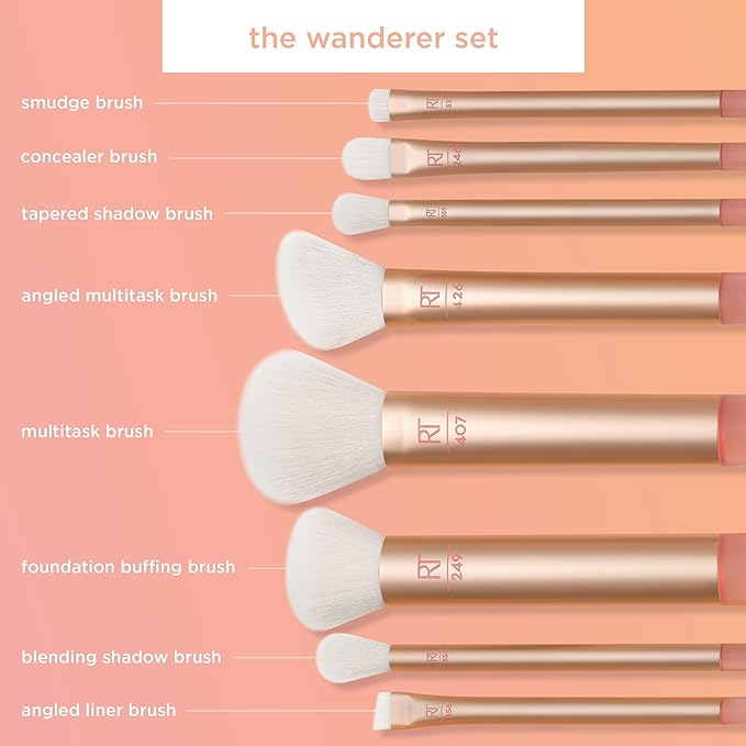 Real Techniques 8 Piece The Wanderer Makeup Brush Set, For Liquid, Cream, &amp; Powder Eyeshadow, Foundation, Concealer, Blush, &amp; Contour, Travel Midi-Size Brushes, Cruelty-Free, Synthetic Bristles